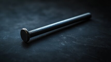 A single steel nail lying flat on a smooth black surface, with soft lighting highlighting its metallic texture. The contrast between the shiny nail and the dark background creates a dramatic effect.