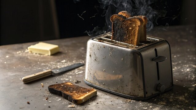 burnt toast stuck in old metal toaster smoke rising subtly grimy countertop with crumbs and butter knife nearby dramatic lighting