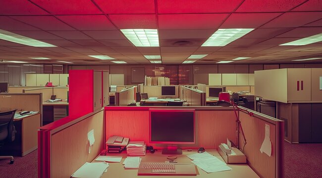 Red-lit, empty office space with beige cubicles, CRT monitors, and scattered paperwork on desks.  A vintage, possibly abandoned, office environment