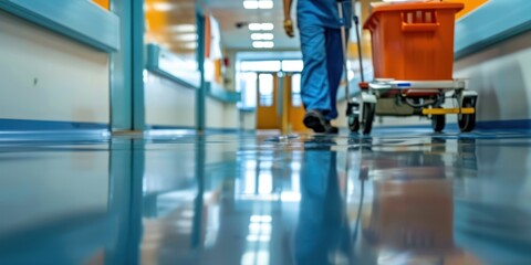 A hospital hallway with a blue and white tiled floor, a person in blue scrubs pushing a cart, and a patient in a wheelchair.