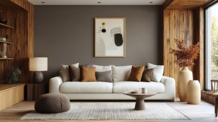Cozy living room interior design with sofa pillows art vases wood paneling and rug in warm neutral tones