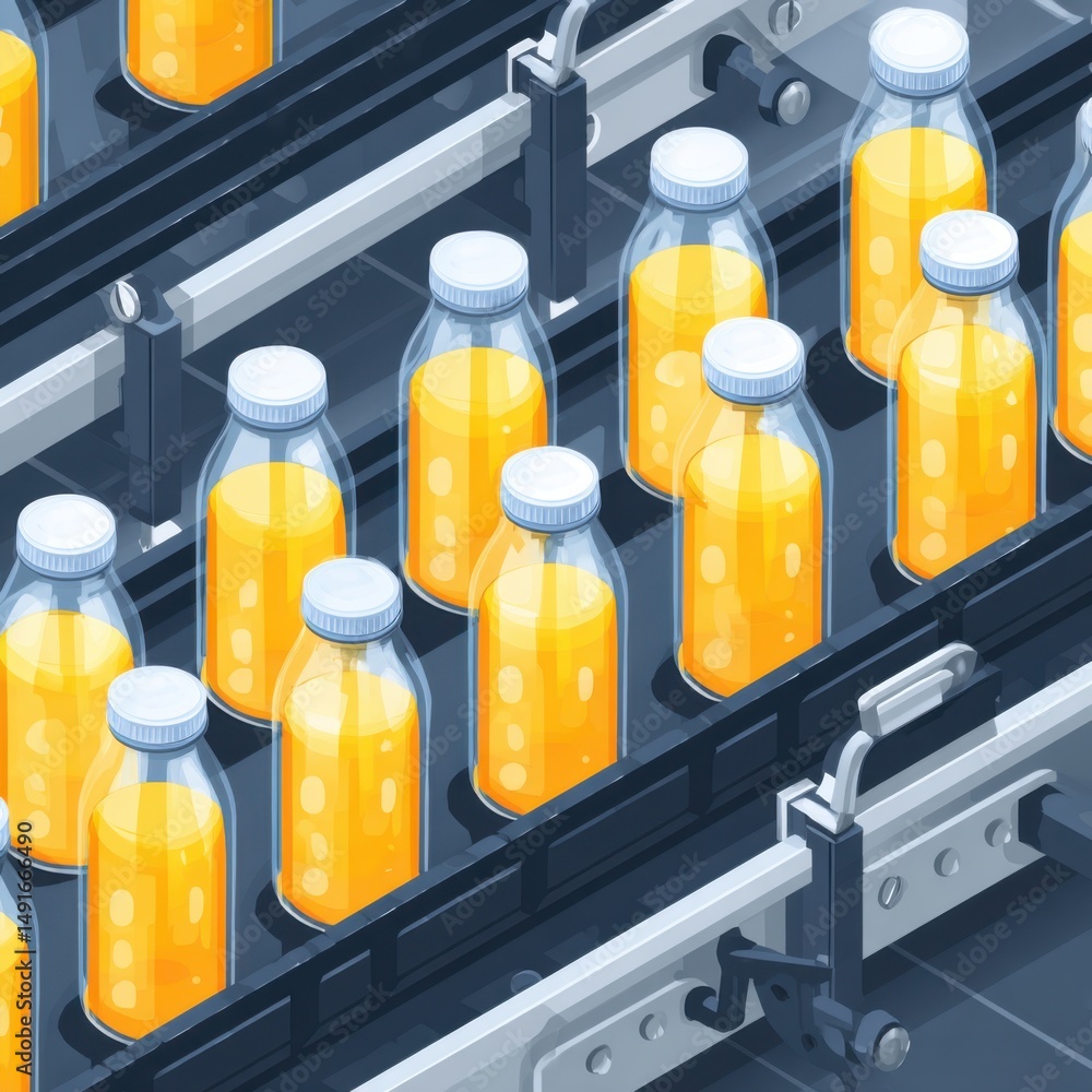Poster orange juice bottles moving on conveyor belt in factory isometric view automated production line