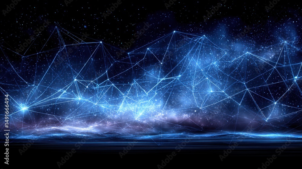 Poster dark blue background with interconnected lines and dots representing trend correlation node concept 