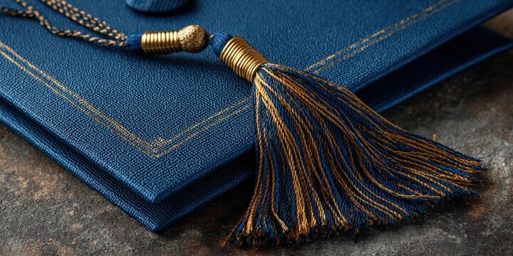 Commencement Celebration: A close-up shot showcases a blue graduation cap with a tassel, embodying education, achievement, and the culmination of academic dedication.