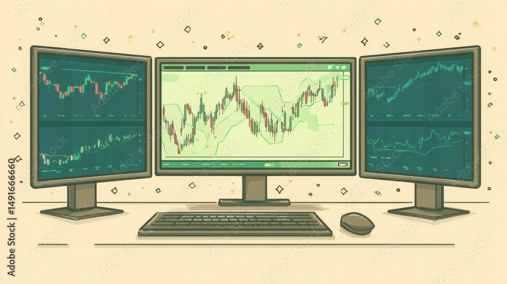 Poster dual monitors showcasing a chart visualizing data trends for entry strength analysis in a conceptual