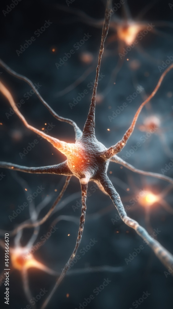 Poster Neuron Cell Body and Axon Illustration Close Up Abstract Neural Network Synapse Firing Brain Cell Connectivity