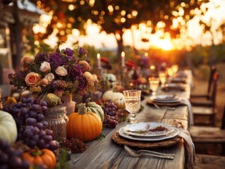 Naklejka premium Autumnal Feast Table Setting at Sunset; Long Table with Flowers Pumpkins Grapes and Candles; Rustic Style