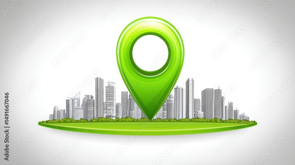 Aufkleber green cityscape with pin pointer symbolizing trend reset and trigger locating in financial market an