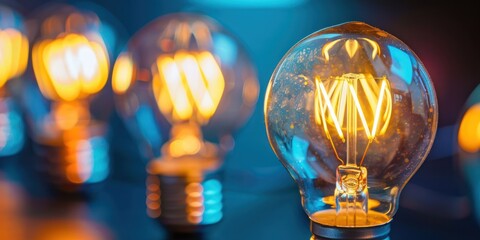 A row of illuminated light bulbs against a dark background.