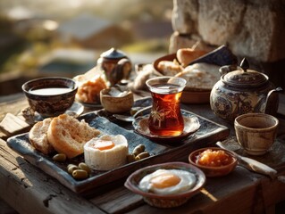 Rustic Breakfast Still Life with Tea Eggs and Bread on Wooden Tabletop in Warm Light Outdoor Setting