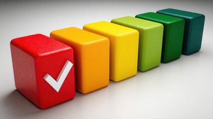 Obraz premium Colorful row of blocks with white check mark representing trend retrace and risk ratio validation in analysis