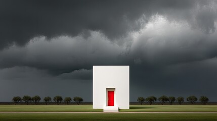 Red Door Solitude Minimalist Structure Under Ominous Skies.