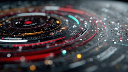 Abstract circular display with concentric rings and glowing elements