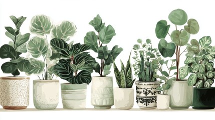 Obraz premium Assorted Potted Houseplants Displayed on Shelf Illustration Fiddle Leaf Fig Calathea Snake Plant Eucalyptus Pilea Peperomioides Indoor Gardening Home Decor