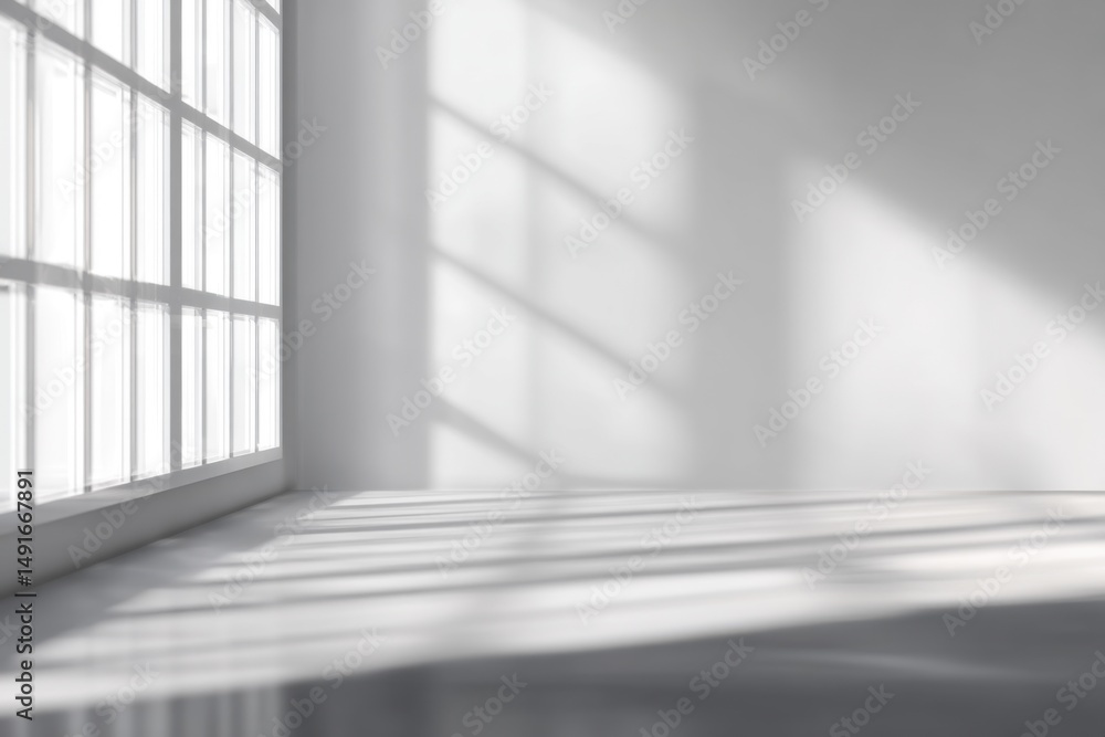 Poster minimalist white room interior with large window and sunlight casting shadows on the floor from low 