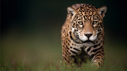 Fototapeta premium Jaguar hunting in the wild nature documentary close-up view natural habitat wildlife photography