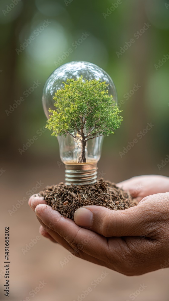 Aufkleber close-up of hands holding lightbulb with tree inside and soil outdoors concept of green energy and e