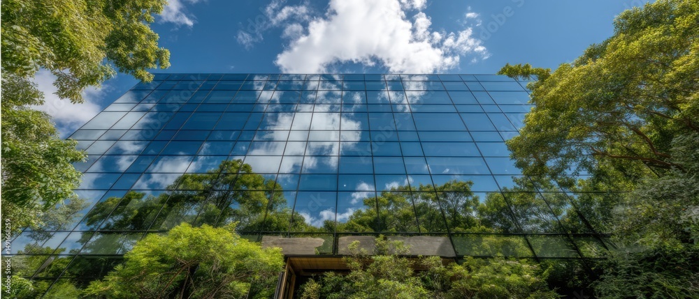 Poster Modern Architecture of Glass Building Reflecting Sky and Trees in Urban Landscape Low Angle View Exterior Facade