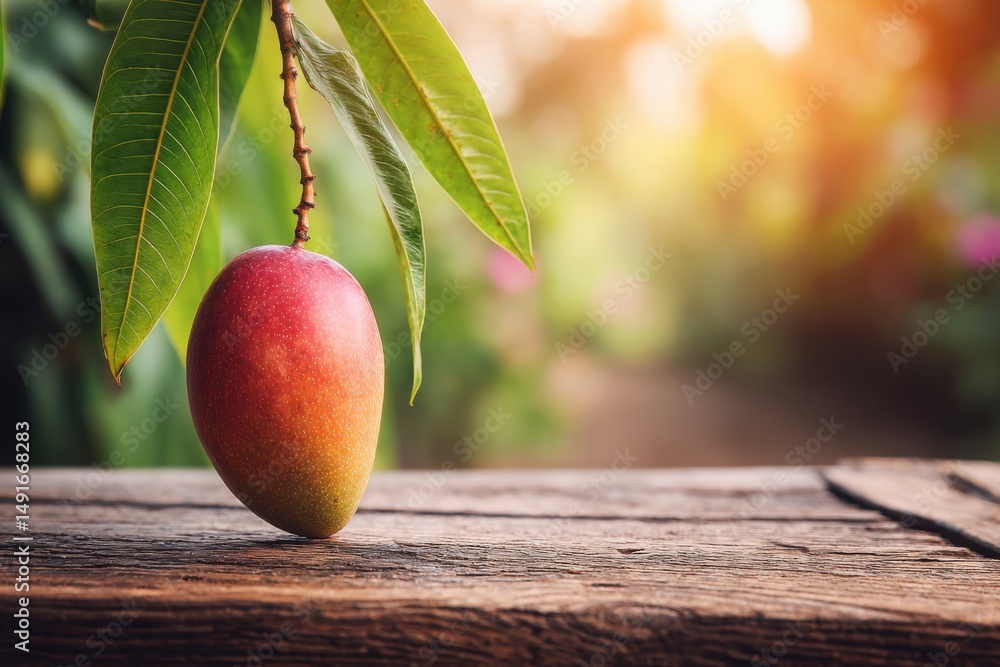 Poster close up of a ripe mango hanging from a branch on a wooden tabletop in a sunny outdoor setting tropi