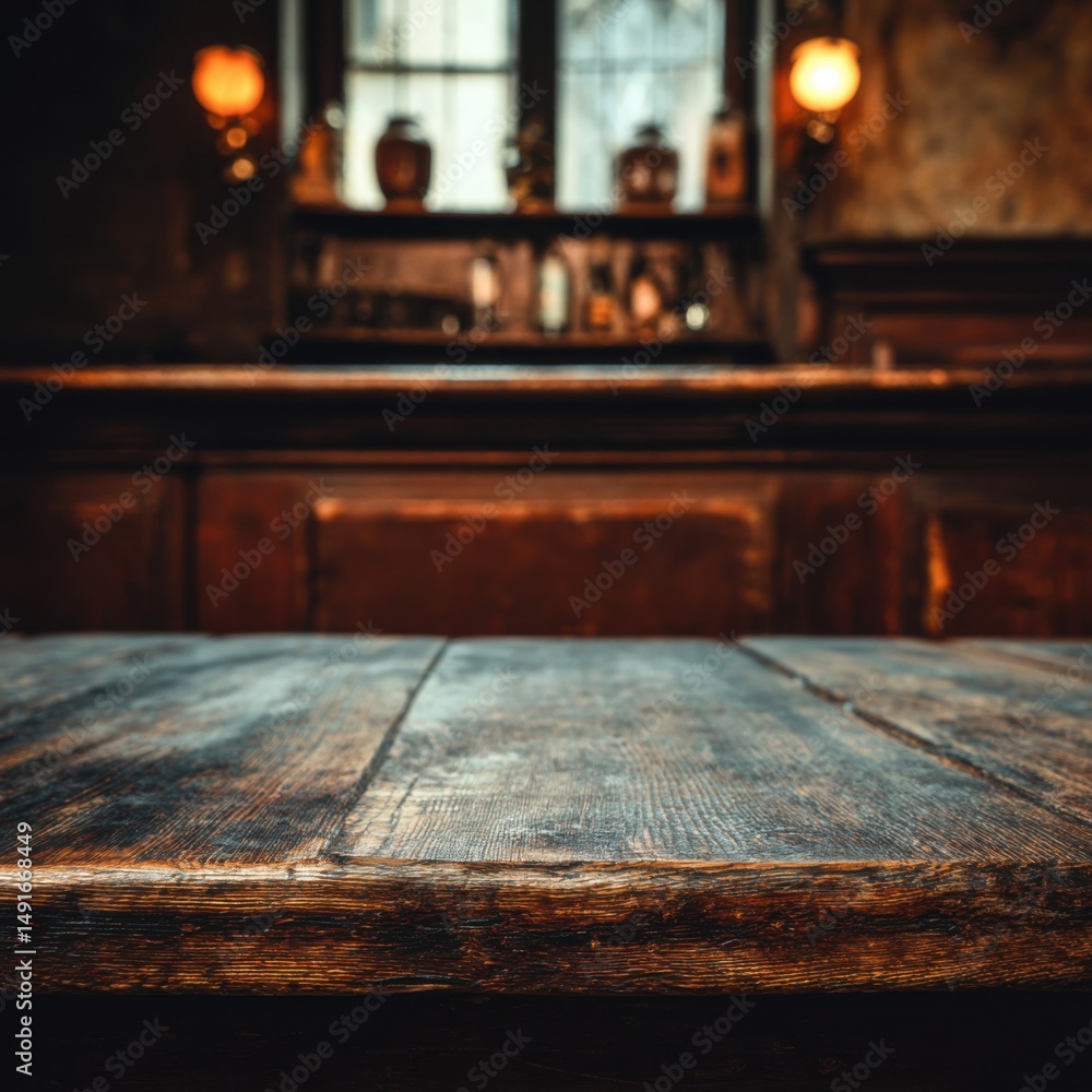 Aufkleber rustic wood tabletop in a vintage pub setting with blurred background and warm lighting for product 