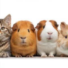 Fototapeta premium Group of Domestic Pets Posing Together Close Up Studio Shot on White Background Kitten Guinea Pig Rabbit Friendship