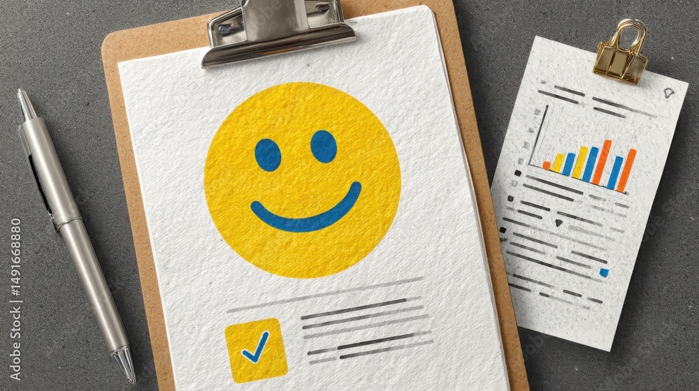 Poster clipboard with a smiley face illustrating positive user feedback interpretation in an engaging and v