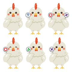 ○×△の札を持ったニワトリのキャラクターイラストセット