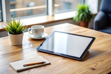 Modern workspace with tablet coffee cup and small plant on wooden desk illuminated by natural light from nearby window