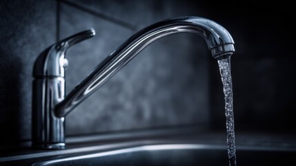 Running Faucet Close-up in Dark Kitchen, Water Flowing, Chrome Fixture, Modern Design, Low Angle, Cleanliness Concept