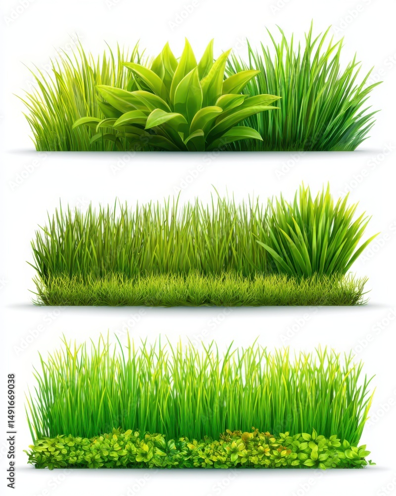 Aufkleber three rows of green grass and plants against a white background in a vector illustration style for d