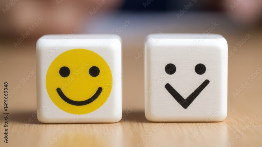 Poster two dice featuring smiley faces representing positive user feedback summarization and distillation o