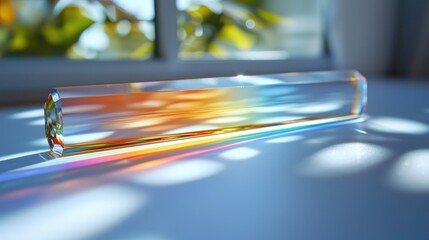 Vibrant prism casting colorful rainbow reflections on sunlit surface