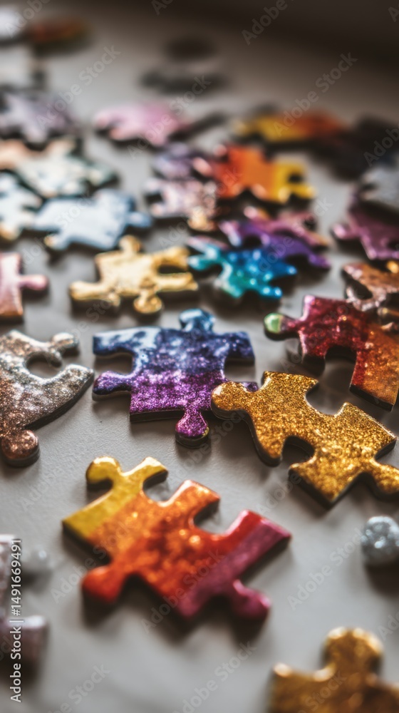 Poster close-up of colorful jigsaw puzzle pieces scattered on table top view concept of challenge and solut