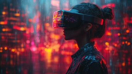 VR experience in a vibrant, rainy city. A young woman wearing VR headset, immersed in a futuristic, colorful urban landscape