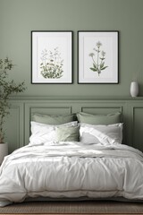 Serene Bedroom Interior with Green Accent Wall and Botanical Art Prints in Natural Light