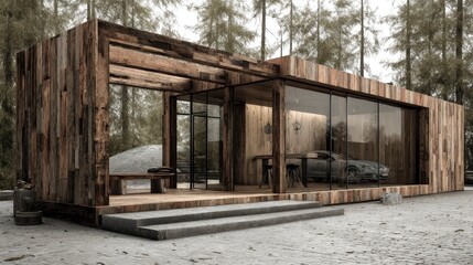 Modern Wooden Cabin With Car In Forest.