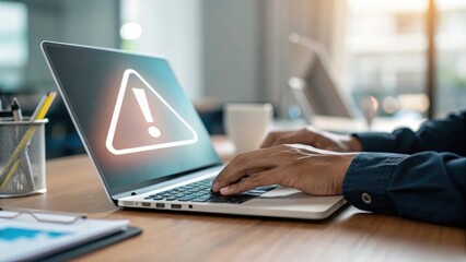 Fototapeta premium Laptop displaying a warning symbol while a person types on a wooden desk.