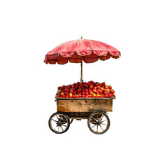 Rustic Strawberry Cart Under Red Parasol - Summer Fruit Vendor