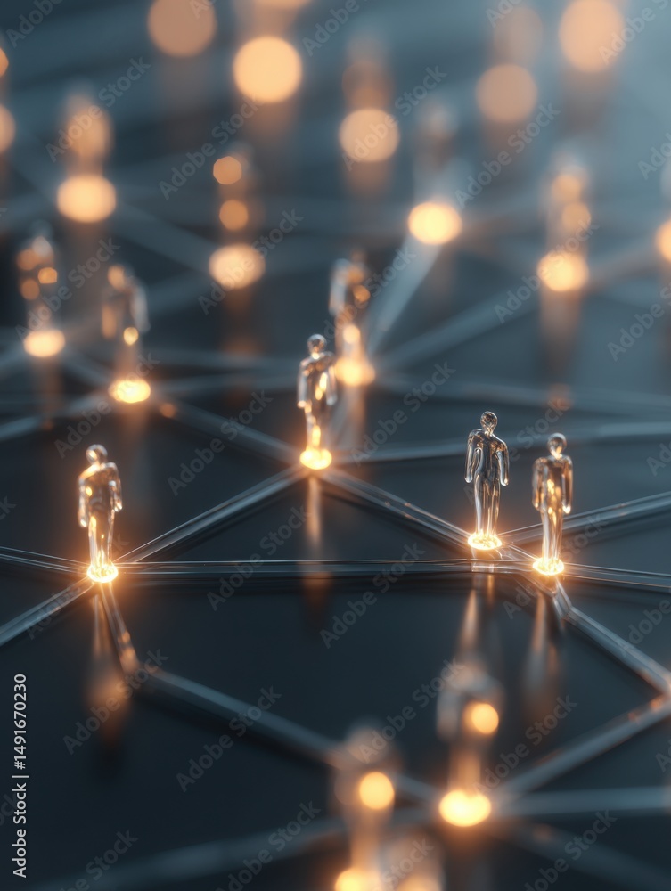 Poster abstract network of glowing human figures connecting in a digital world concept of communication and
