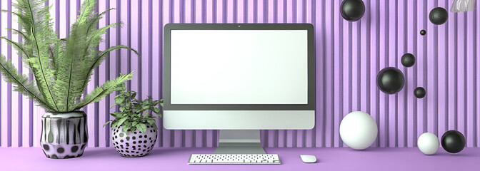 Minimalist computer desktop setup with plants and spheres on a purple background with abstract design