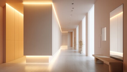 Minimalist hallway featuring soft tones, clean lines, and warm ambient lighting.
