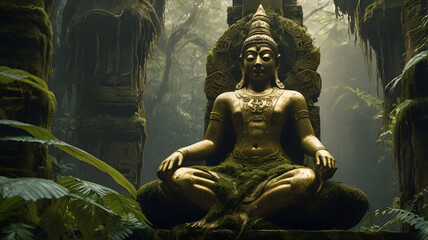 An ancient golden deity seated in a rainforest temple, overgrown with vines and moss, eyes glowing faintly.