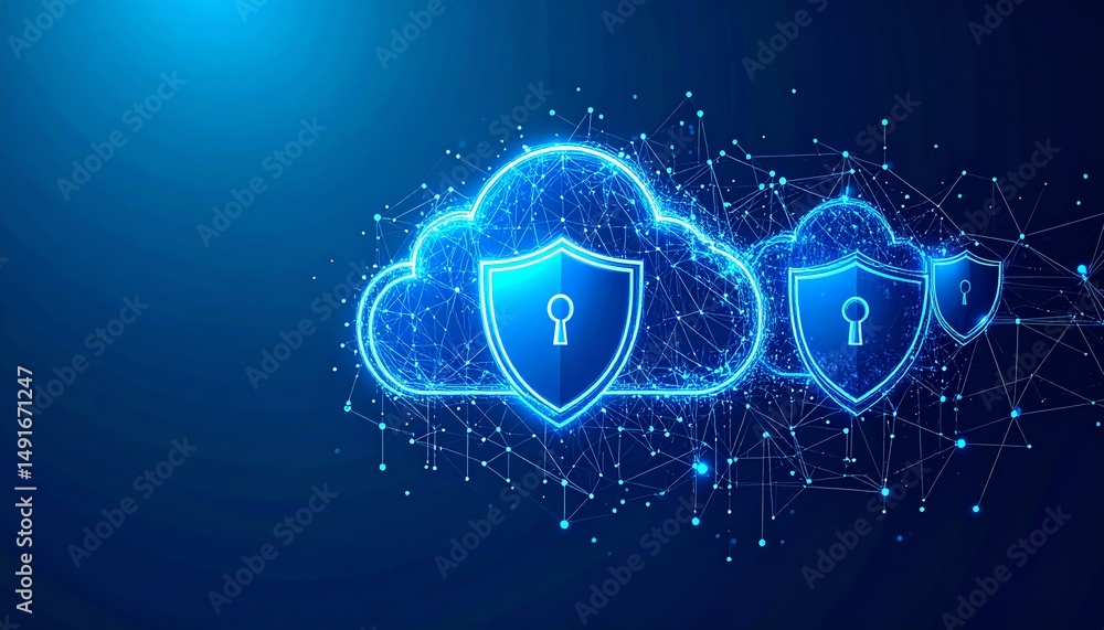 Poster digital cloud security concept with glowing shields representing protection, interconnected by a net