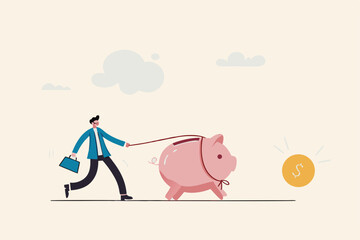 Best investment, money working for you or mutual fund return, savings or wealth management, searching for yield concept, businessman investor walking savings piggybank hunting for dollar money return.