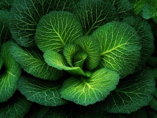 Obraz premium Close up of vibrant green cabbage leaves showing intricate vein patterns in a healthy garden overhead shot