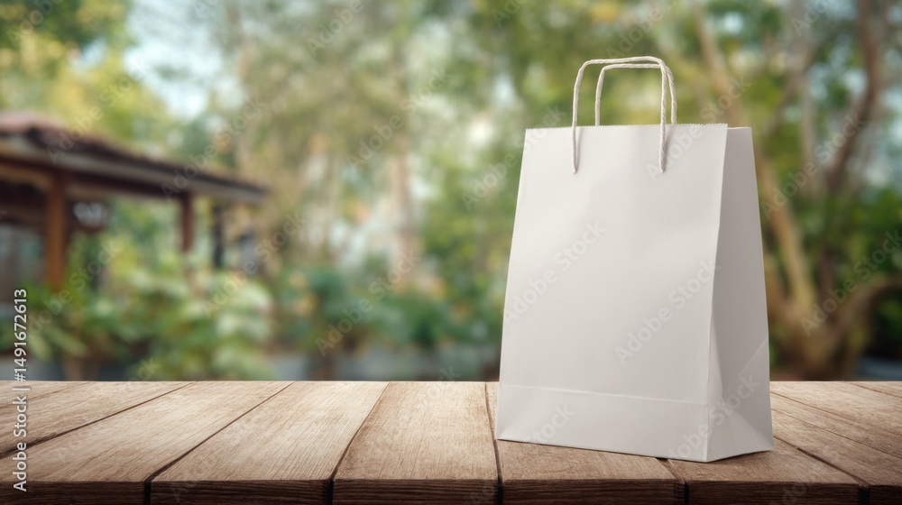 Poster white paper shopping bag on wooden table in outdoor setting with blurred background for product mock