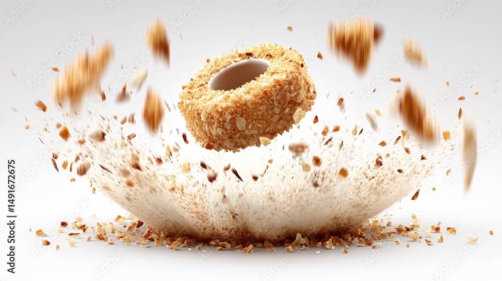 Aufkleber exploding donut ring in mid-air with crumbs and toppings on white background studio shot
