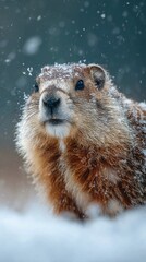 Obraz premium Groundhog Portrait in Falling Snow Close Up Wildlife Animal in Winter Season Nature Outdoors