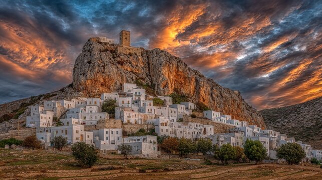 Dramatic view of Chora village Kythira island Greece at sunset from ground level featuring castle and white buildings
