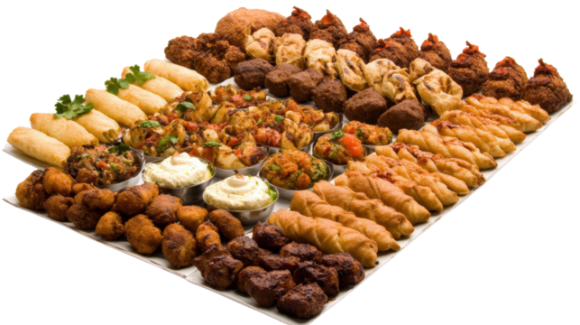 An assortment of deep fried appetizers is arranged together for a party or event in a catered presentation.